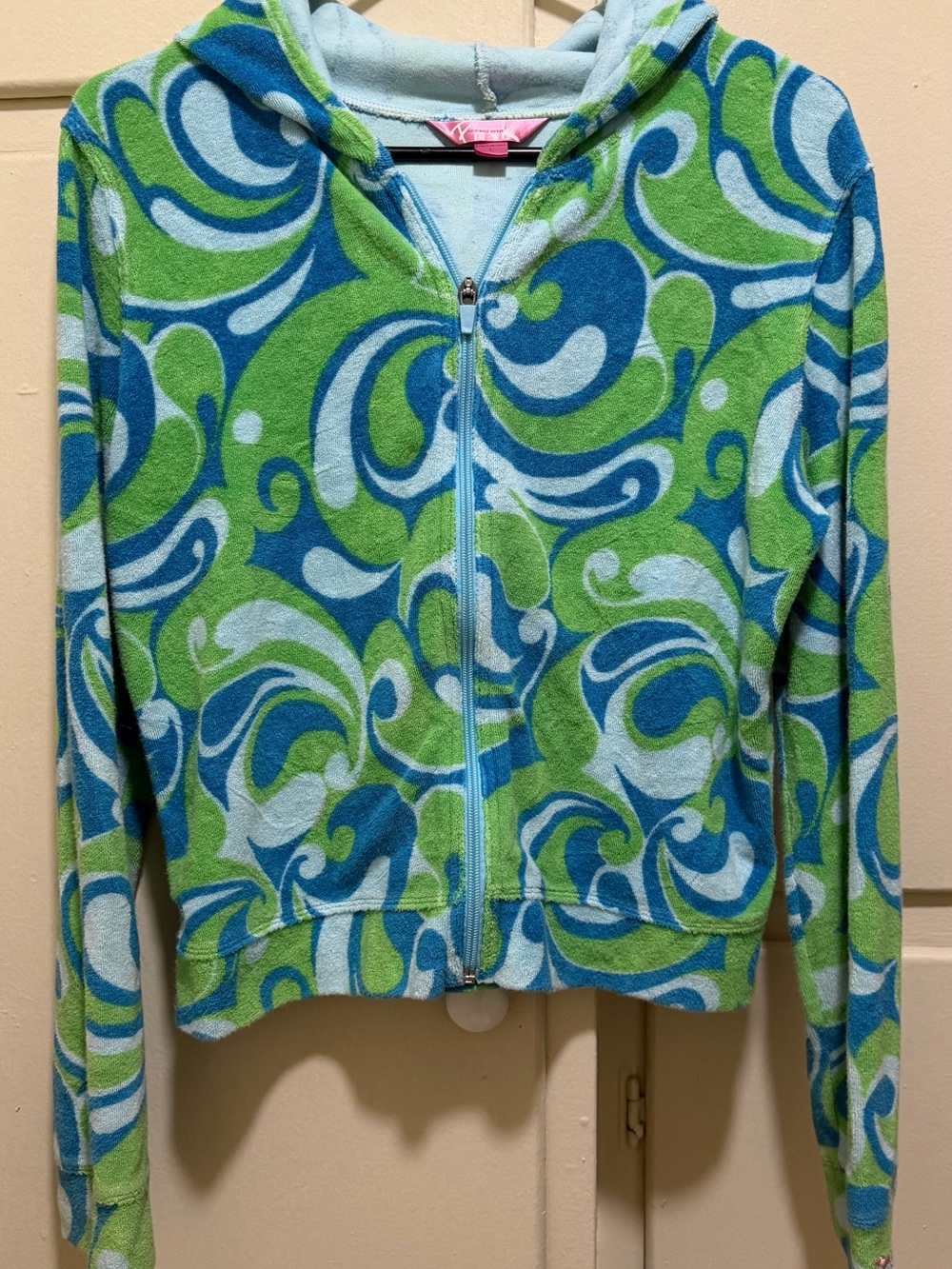 PINK Victoria's Secret Blue, Green and Light Blue Swirl Terry Zip Hoodie. Large.